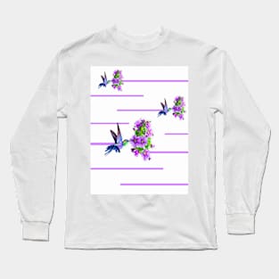 Hummingbirds and purples flowers on white Long Sleeve T-Shirt